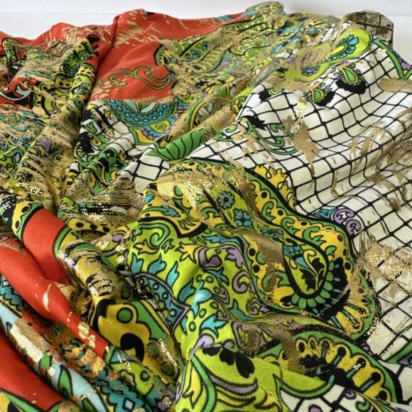 Women’s Flowy Palazzo Pants Sz L Multicolor And Gold Shiny Pull on Metallic - Picture 4 of 12